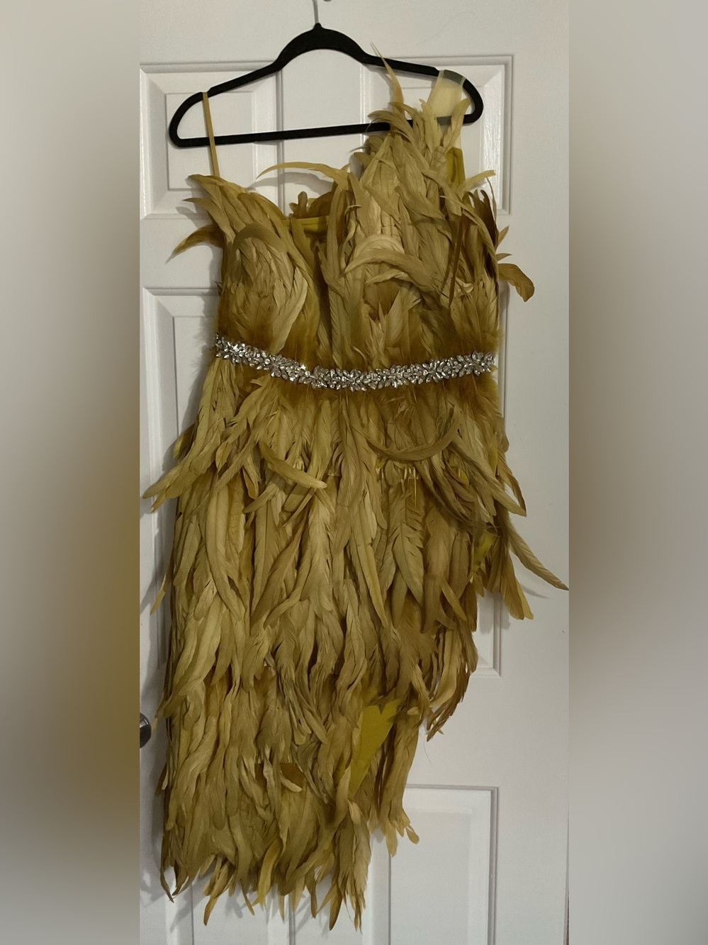 Fashion Nova Chartreuse Feather One-Shoulder Dress with Crystal Waist - Picture 4 of 6